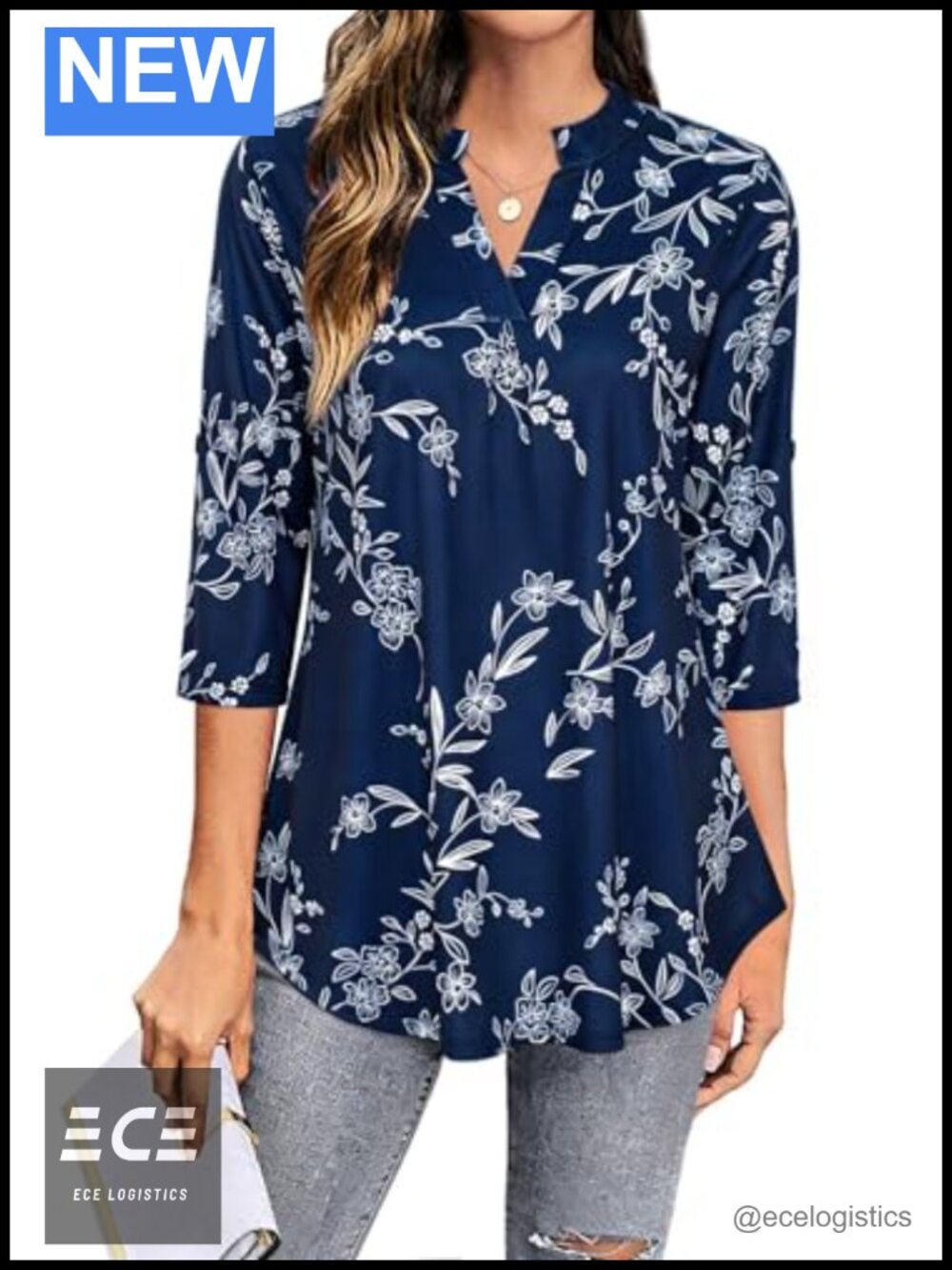 Women's 3/4 Sleeve V-Neck Tunic Blouse Flowy Chiffon Work Top